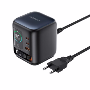 Acefast Z10 GaN 100 W 3 × USB galda lādētājs ar izvelkamu USB-C kabeli un TFT displeju, melns
