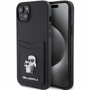 Karl Lagerfeld Saffiano Cardslots Karl&Choupette Metal Pin Viedtālruņa apvalks iPhone 15 - melns