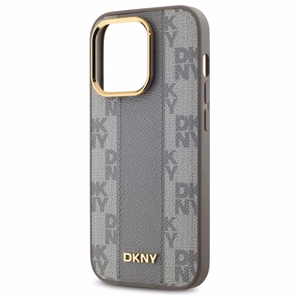DKNY Ādas rūtainais mono raksts Magnētiskais viedtālruņa apvalks iPhone 14 Pro - bēša