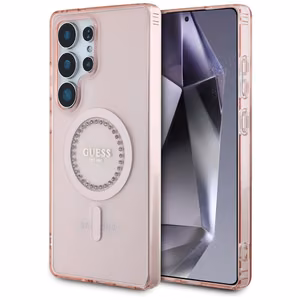 Guess Kristāli Drukāts Klasiskais Logotips Magnētiskais Samsung Galaxy S25 Ultra Viedtālruņa apvalks rozā