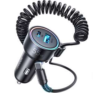 Auto lādētājs Joyroom JR-CL07 3-in-1 USB/Type-C 55W + Type-C 1,5m melns