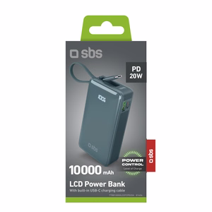 Внешний аккумулятор SBS 10000 mAh 20W со встроенным кабелем USB-C и цифровым дисплеем - серый
