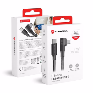Kabelis USB C uz USB C Forcell F-Energy QC4.0 PD 3A 60W Cafule 90° 1,2 m CC-1Deg melns