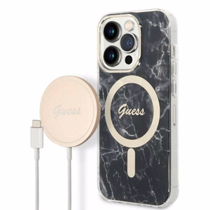 Komplekts Guess GUBPP14LHMEACSK apvalks + lādētājs iPhone 14 Pro 6.1" melns/melns cietais apvalks Marble Magnētiskais