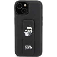 Karl Lagerfeld Gripstand Saffiano Karl&Choupette Pins viedtālruņa apvalks iPhone 15 - melns