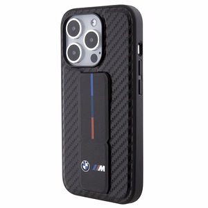 BMW ar statīvu gluds un oglekļa viedtālruņa apvalks iPhone 15 Pro - melns
