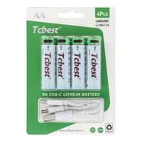 TCBEST uzlādējams akumulators R6 (AA) 1600 mAh ar ligzdu Type C + kabelis USB A uz 4 x Type C 4 gab.