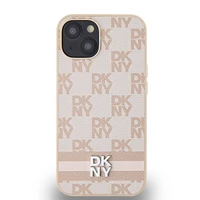 DKNY ādas rūtainais mono raksts un drukātas svītras viedtālruņa apvalks iPhone 15/14/13 - rozā