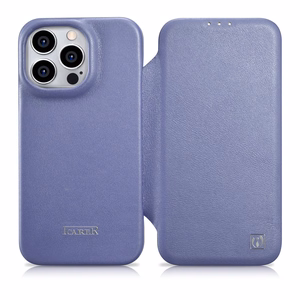 iCarer CE Premium ādas folio viedtālruņa apvalks iPhone 14 Pro Max magnētiskais atveramais ādas folio apvalks MagSafe gaiši violeta