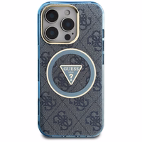 Guess IML Metal Glitter 4G Circle Triangle magnētiskais viedtālruņa apvalks iPhone 16 Pro - zils