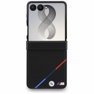 Melns BMW M Leather Perforated Tricolor Stripe Metal Logos vāciņš ar MagSafe Samsung Galaxy Z Flip8 tālrunim