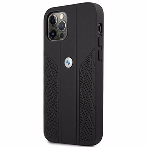 BMW ādas apvalks ar izliektu perforāciju iPhone 12 Pro Max - melns