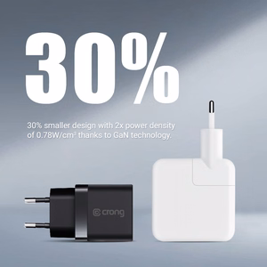Crong Ultra Compact GaN sienas lādētājs, 2 × USB-C, 35 W, PD 3.0, PPS, balts