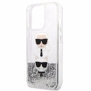 Karl Lagerfeld Šķidrs Glitter Karl&Choupette Galvas viedtālruņa apvalks iPhone 13 Pro Max - sudraba