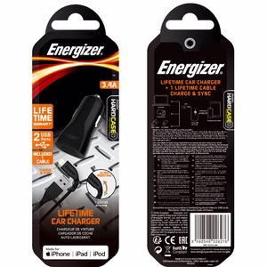 Energizer HardCase DC2CLLIM auto lādētājs, 2 × USB-A, 17 W / 3,4 A, ar MFi sertificētu Lightning kabeli, melns