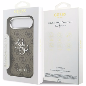 GUESS viedtālruņa apvalks IPHONE 17 Air GUHCP17MP4G4SMCW (4G PU ādas apvalks ar lielu 4G un klasisko logotipu un sudraba metāla kameras rāmi) brūns