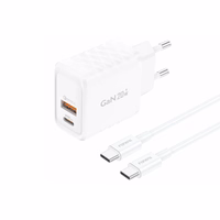 FONENG tīkla lādētājs EU56 GaN PD 20W 1xUSB-C + 1xUSB QC3.0 + kabelis USB-C - USB-C balts