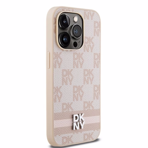 DKNY ādas rūtainais mono raksts un drukātas svītras viedtālruņa apvalks iPhone 14 Pro - rozā