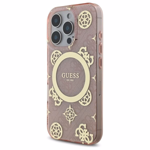 Guess IML Peony On 4G Background Magnētiskais viedtālruņa apvalks iPhone 16 Pro - rozā