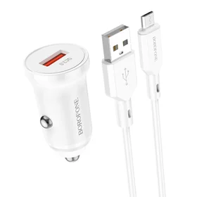 Borofone Automašīnas lādētājs BZ18 - USB - QC 3.0 18W ar USB uz Micro USB kabeli balts
