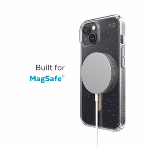 Speck Presidio Perfect-Clear with Glitter + MagSafe vāciņš ierīcei iPhone 15 Plus / 14 Plus, ar Microban pretmikrobu aizsardzību, “Clear / Gold Glitter” krāsu kombinācija