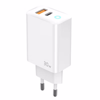 JELLICO sienas lādētājs EU13 GaN PD 30W 1xUSB-C + 1xUSB QC3.0 + kabelis USB-C - USB-C Balts
