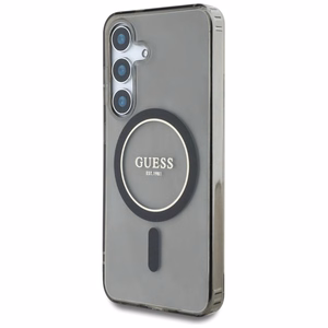 Guess mirdzošs apļa klasiskā logotipa magnētiskais viedtālruņa apvalks Samsung Galaxy S25 melns