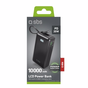 Внешний аккумулятор SBS 10000 mAh 20W со встроенным кабелем USB-C и цифровым дисплеем - чёрный