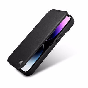 iCarer CE Premium ādas folio vāciņš iPhone 14 Plus ar MagSafe magnētisku flip vāciņu - melnā krāsā