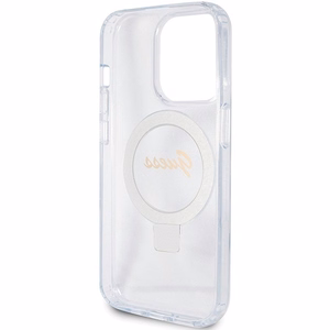 Guess viedtālruņa apvalks ar statīvu Ring Stand Script Glitter magnētiskais iPhone 15 Pro - caurspīdīgs