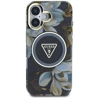 Guess Glitter Flowers Triangle Buttons Magnētiskais viedtālruņa apvalks iPhone 16 - melns