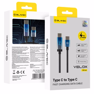 Blavec Kabel Velox pleciony - Typ C na Typ C - PD 240W 5A LED display 1,2 metra Apple CarPlay/Android Auto (CVE-CC5B12) black