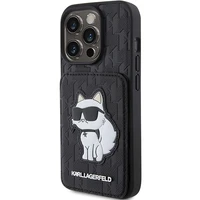 Karl Lagerfeld Saffiano karšu slotiņas un statīvs monogramma Choupette apvalks iPhone 15 Pro - melns