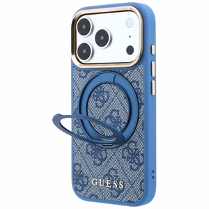 Guess 4G Classic Logo vāciņš modelim iPhone 18 Pro Max / 17 Pro Max, ar 360° gredzenu-statīvu, saderīgs ar MagSafe – zils