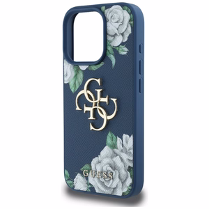 Guess Grained Roses Big 4G logo viedtālruņa apvalks iPhone 16 Pro - zils
