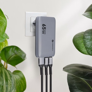 FORCELL F-ENERGY GaN III VT-47 īpaši plāns ceļojumu lādētājs 2 x Type C + USB A PD QC4.0 4A 65W pelēks