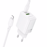 Borofone Lādētājs BN29 USB + Type C - QC 3.0 PD 30W ar Type C uz Lightning kabeli balts