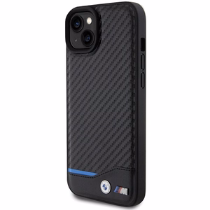 BMW ādas oglekļa viedtālruņa apvalks iPhone 15 Plus - melns