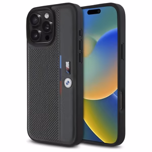 BMW M perforētā trīskrāsu līnija iPhone 16 Pro Max apvalks - tumši pelēks