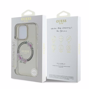 Guess GUHMP16XHFWFCK iPhone 16 Pro Max 6.9" melns/melns cietais apvalks IML Flowers Wreath Magnētiskais