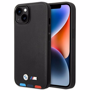BMW BMHCP14M22PTDK iPhone 14 Plus 6.7 - melns ādas vāciņš ar trīskrāsainu uzliku MagSafe