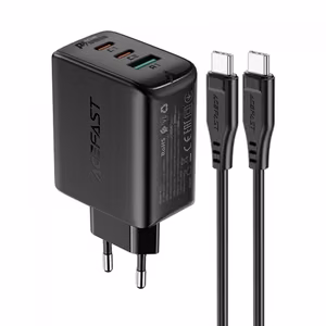 Acefast 2in1 sienas lādētājs 2x USB-C / USB-A 65W, PD, QC 3.0, AFC, FCP (komplekts ar USB-C 1.2m kabeli), melns (A13 black)