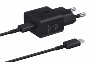 Oriģināls Samsung EP-T2510XBEGEU USB-C PD 25W GaN lādētājs ar USB-C uz USB-C kabeli, melns, blisteris
