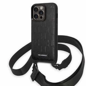 Karl Lagerfeld KLHCP14LSTMMK iPhone 14 Pro 6.1" cietais viedtālruņa apvalks melns/melns Monogrammas Plāksnītes Logotipa Siksna