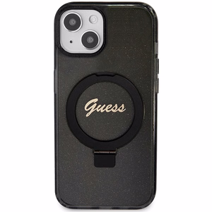 Guess Ring Stand Script Glitter Magnētiskais viedtālruņa apvalks iPhone 13 / 14 / 15 - melns