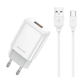 Lādētājs Jellico EU01 2.4A USB-A + USB-A uz USB-C kabelis 1.0m, balts