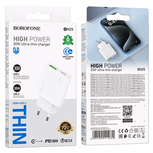 Borofone Сетевое зарядное устройство BN25 Wish (Ultra Thin) - USB + Type C - PD QC 3.0 30W белое