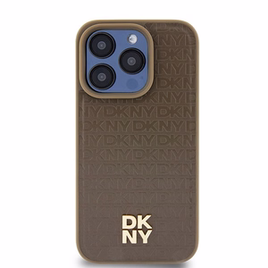DKNY Ādas raksta ar metāla logotipu magnētiskais viedtālruņa apvalks iPhone 14 Pro - brūns
