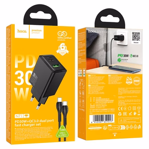 Зарядное устройство для телефона Hoco USB A + USB C QC3.0 PD AFC 3A 30W + кабель USB C к USB C N71 черный