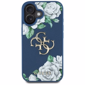 Guess Grained Roses Big 4G logo viedtālruņa apvalks iPhone 16 - zils